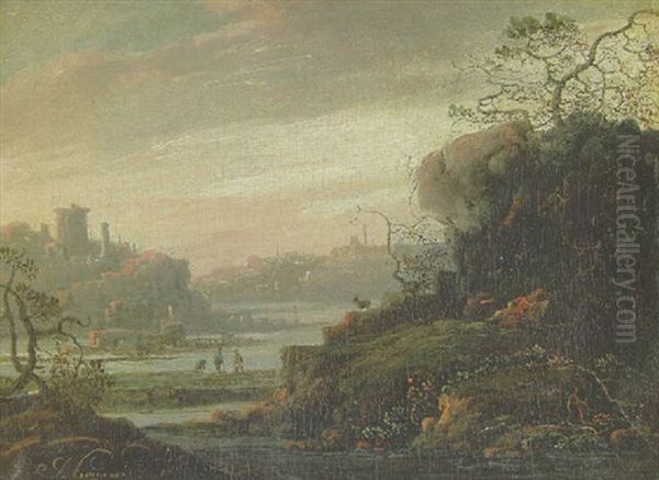 An Extensive River Landscape, A Town On A Hill Beyond - view 1