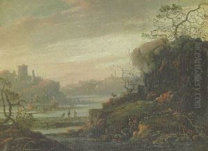 An Extensive River Landscape, A Town On A Hill Beyond by Adrien Bloemaert