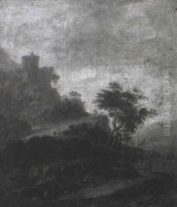 Figures Traversing A Winding Path Above A River Valley by Adrien Bloemaert