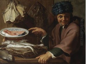 A Boy In A Feathered Hat Selling Fish