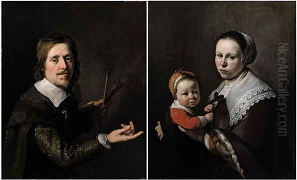 Portrait Of Gijsbert Gillisz. De Hondecoutre Holding A Palette And Brushes (+ Portrait Of His Wife Maria Hulstman Holding A Child; Pair) - view 1