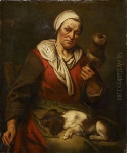 Sitzende Altere Frau Mit Einem Spinnrocken Und Einem Hundchen Sitzende Altere Frau Mit Einem Spinnrocken Und Einem Hundchen