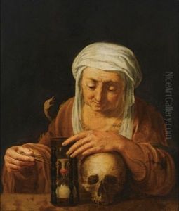 An Old Woman With Vanitas-symbols, An Hourglass, A Skull And A Snake by Hendrick Bloemaert