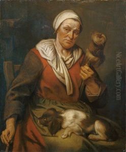 Eine Sitzende Altere Frau Mit Einem Spinnrocken Und Einem Hundchen