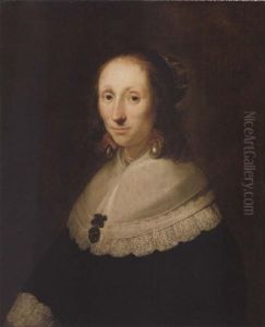 Portrait Of A Lady In A Black Dress With White Embroidered Collar And Cuffs, Wearing Drop Earrings, A Necklace And A Cap