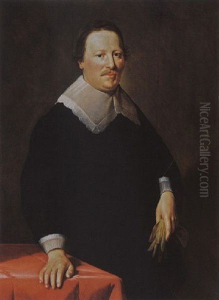 A Portrait Of A Gentleman, Aged 47, Wearing A Black Costume With White Lace Cuffs And Collar, Holding Gloves In His Left Hand - view 1