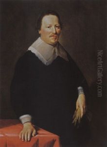 A Portrait Of A Gentleman, Aged 47, Wearing A Black Costume With White Lace Cuffs And Collar, Holding Gloves In His Left Hand