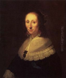 Portrait Of A Lady In A Black Dress With White Embroidered Collar And Cuffs, Wearing Earrings, A Necklace And A Cap