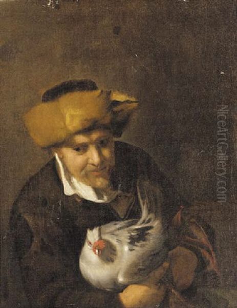 An Old Man, Half Length, In A Fur Hat, Holding A Chicken - view 1