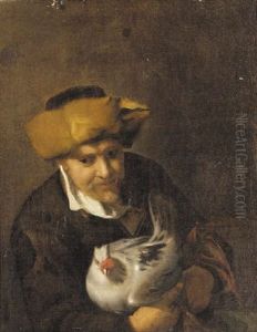 An Old Man, Half Length, In A Fur Hat, Holding A Chicken by Hendrick Bloemaert