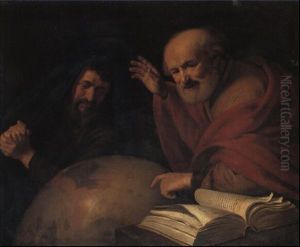Democrites And Heraclitus, The Latter Pointing At South America On A Globe