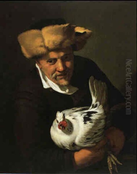 Paysan Tenant Une Poule Blanche - view 1