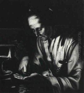 Portrait Of An Old Woman Counting Coins By Candlelight by Hendrick Bloemaert