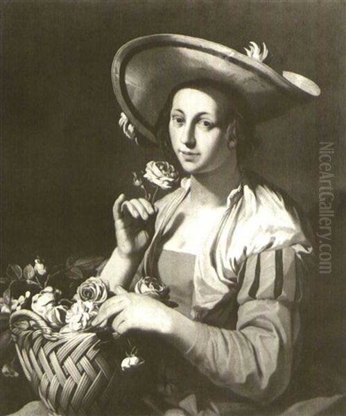 A Young Woman Lifting Up A Rose, A Basket Of Flowers On Her Lap - view 1