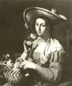 A Young Woman Lifting Up A Rose, A Basket Of Flowers On Her Lap by Hendrick Bloemaert