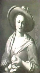 A Girl In A Straw Bonnet Seated With A Basket Of Eggs