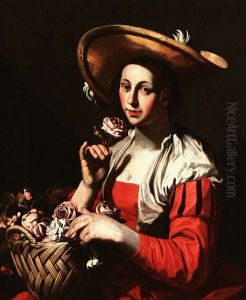 A Young Woman Lifting Up A Rose A Basket Of Flowers On Her  Lap