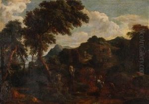 Italienische Landschaft Mit Antiken Ruinen Und Reisenden Vor Einer Stadtkulisse