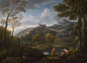 An Italianate Landscape With Figures In The Foreground, A Hilltop Town Beyond