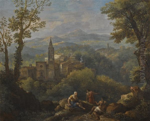 Italianate Landscape With Three Figures In The Foreground, Hilltop Villages And A Church Beyond - view 1