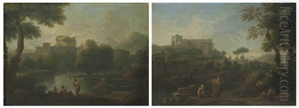 A Classical Landscape With The Tomb Of Cecilia Metella, Figures Conversing On The Bank Of A River, And Mountains Beyond (+ A Classical Landscape With A Capriccio Of The Vatican Belvedere, Figures Conversing In The Foreground (pair) - view 1