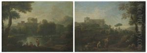 A Classical Landscape With The Tomb Of Cecilia Metella, Figures Conversing On The Bank Of A River, And Mountains Beyond (+ A Classical Landscape With A Capriccio Of The Vatican Belvedere, Figures Conversing In The Foreground (pair) by Jan Frans van Bloemen