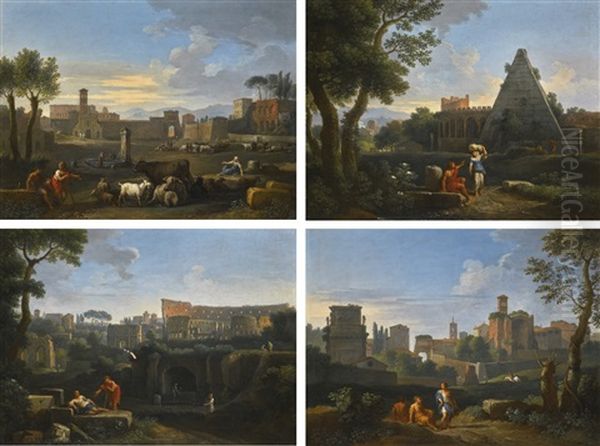 Rome, Four Classical Views With Figures: The Campo Vaccino; The Colosseum And The Arch Of Constantine; The Pyramid Of Cestius; And The Arch Of Constantine, With The Arch Of Titus, The Tower Of The Campidoglio, The Temple Of Venus And The Clock Tower Of Sa - view 1