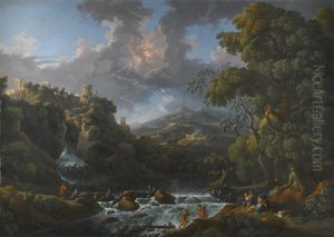 A Scene In The Roman Campagna With A Capriccio View Of Tivoli And A Bolt Of Lightning