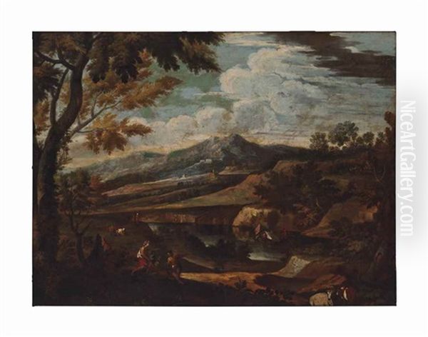 An Arcadian River Landscape With Figures Resting On A Path - view 1