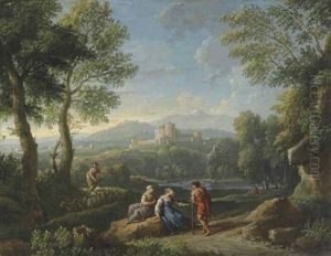 An Extensive Wooded River Landscape With Travellers Resting By A Path And A Shepherdess Herding Goats And Sheep, A Fortified Town Beyond