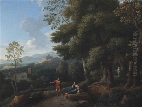 A Wooded Landscape With Figures Conversing, Ruins Beyond - view 1