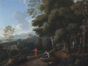 A Wooded Landscape With Figures Conversing, Ruins Beyond