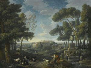 A Wooded Landscape With A Fountain, A Capriccio View Of Rome Beyond