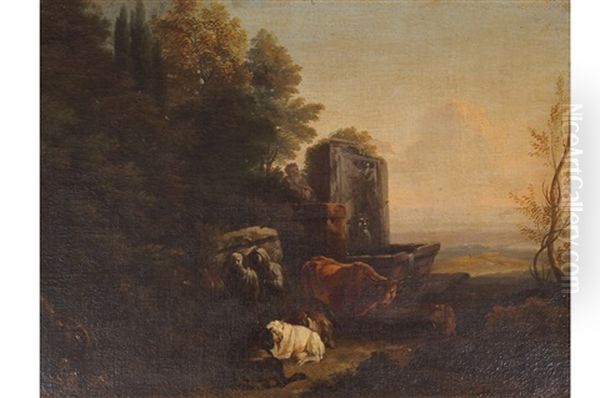 An Italianate Landscape With Animals In The Foreground And Architectural Elements - view 1