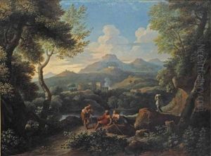 An Arcadian Landscape With Figures Conversing On A Rocky Path Near A Lake, An Italian Village Beyond