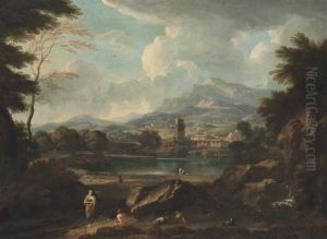 A Wooded Landscape With Figures And Goats By A Lake, A Town And Mountainous Landscape Beyond