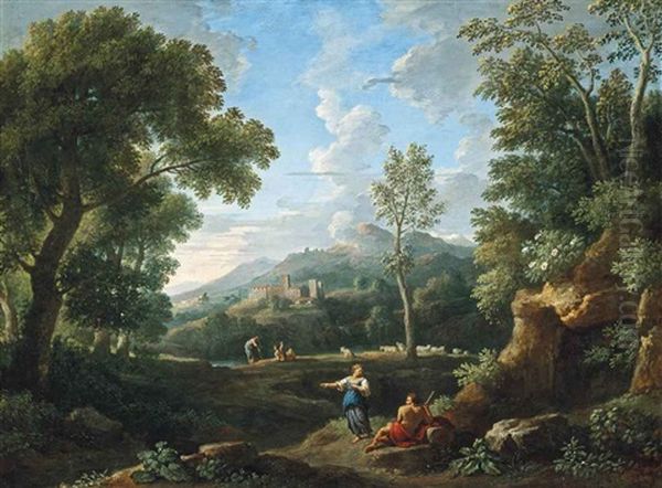 A Wooded River Landscape With Classical Figures Conversing, Towns Beyond - view 1
