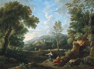 A Wooded River Landscape With Classical Figures Conversing, Towns Beyond