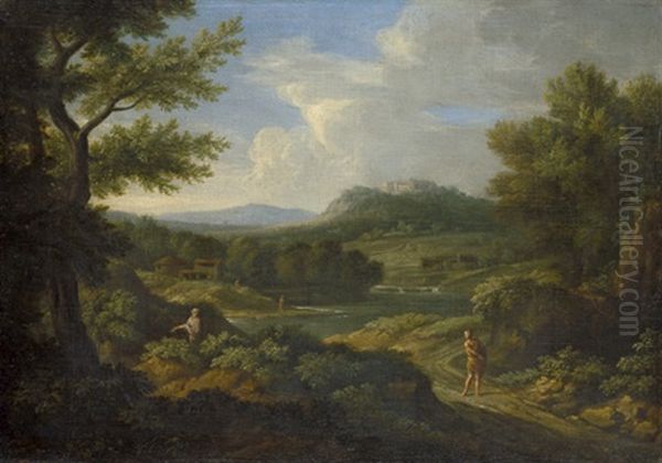 Italienische Flusslandschaft Mit Antikischen Figuren - view 1