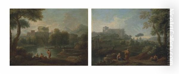 A Classical Landscape With The Tomb Of Cecilia Metella, Figures Conversing On The Bank Of A River, Mountains Beyond (+ A Classical Landscape With A Capriccio Of The Vatican Belvedere, Figures Conversing In The Foreground; Pair) - view 1