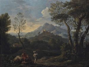 An Extensive Mountainous Landscape With Classical Figures In The Foreground, A Castle On The Hilltop Beyond