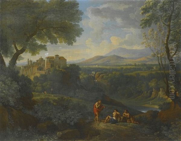 Classical Landscape With A Distant View Of A Town And A Waterfall With Three Figures Conversing On A Path - view 1