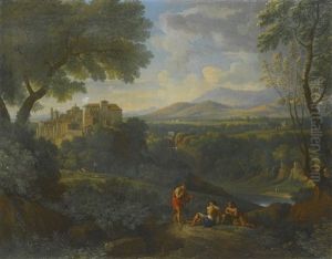 Classical Landscape With A Distant View Of A Town And A Waterfall With Three Figures Conversing On A Path