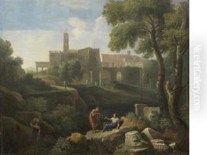 An Italianate Landscape With Classical Figures Conversing And A Village Beyond