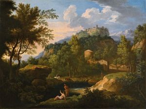 Eine Akardische Landschaft Mit Figuren Am Fluss Und Einer Stadt Im Hintergrund Am Hugel (+ Another, Similar; Pair)