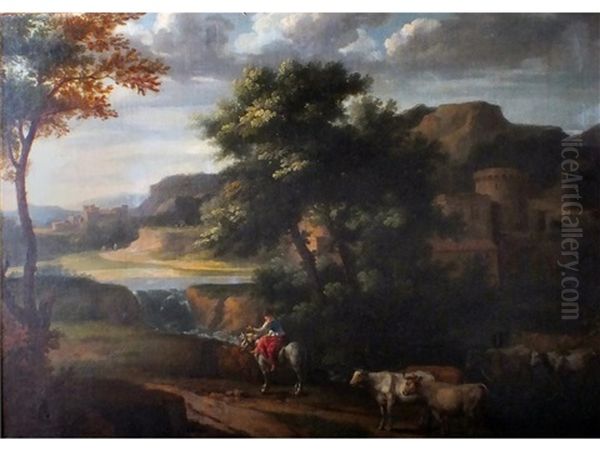 A Horsewoman Leading Cattle In An Italianate Landscape - view 1