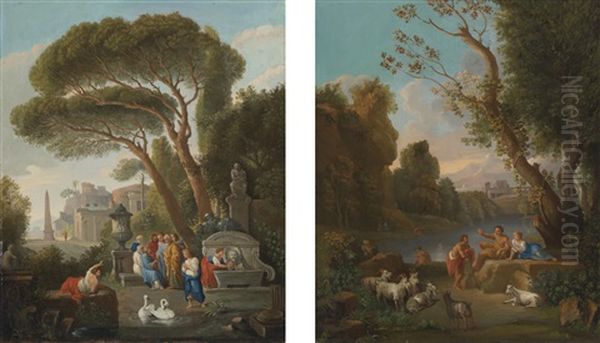 Italianate Landscapes With Classical Figures And Herders Beside Fountain (pair) - view 1