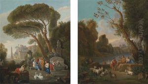 Italianate Landscapes With Classical Figures And Herders Beside Fountain (pair) by Jan Frans van Bloemen