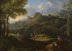 Paysage De La Campagne Romaine Avec Patres Au Repos Et Villageois by Jan Frans van Bloemen