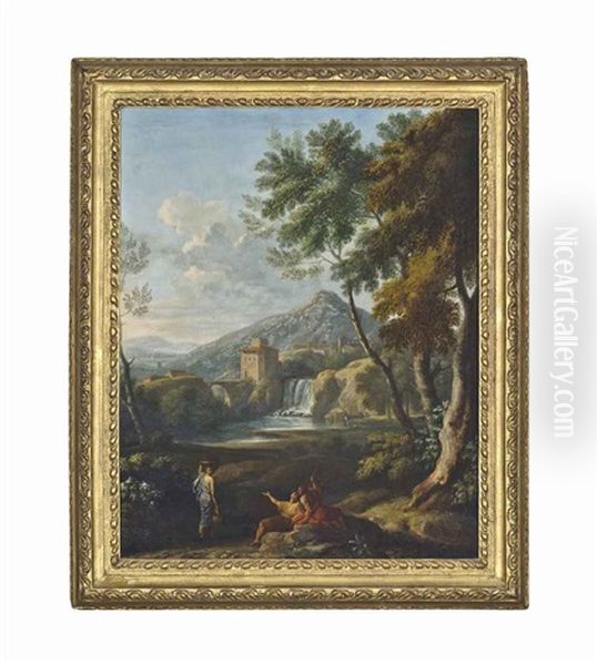 An Italianate River Landscape With Classical Figures Conversing, A Waterfall Beyond - view 1